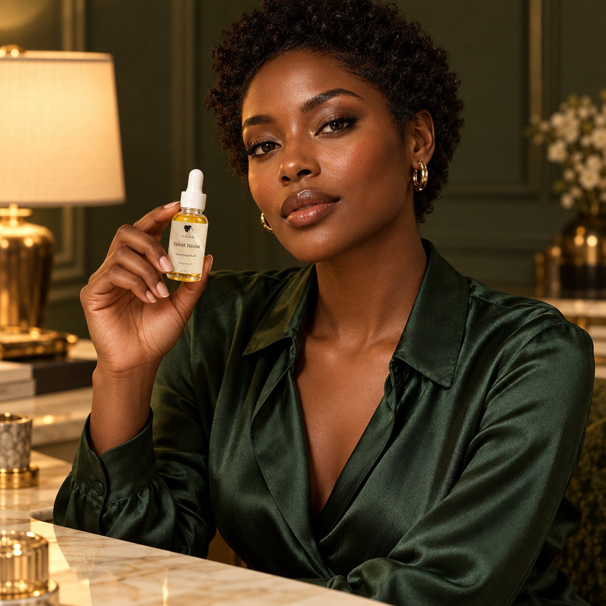 Model in emerald blouse holding the Velvet Nectar facial oil bottle at a vanity
