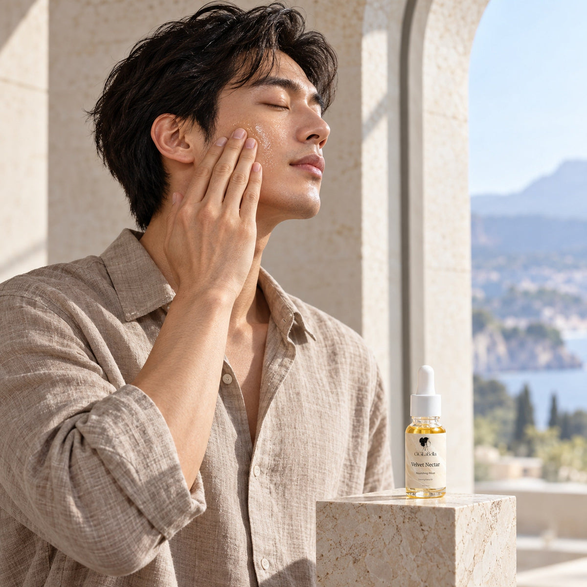 Model smoothing facial oil onto his cheek beside the Velvet Nectar bottle in morning light