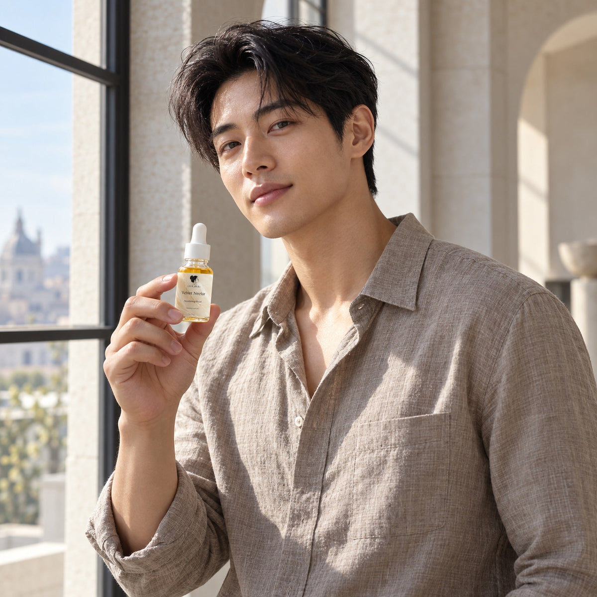 Silver-haired model holding Velvet Nectar facial oil beside its carton at golden hour