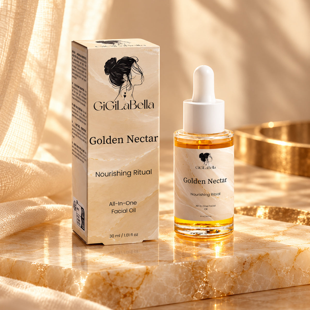 GiGiLaBella Golden Nectar facial oil bottle and matching cream-gold carton on alabaster