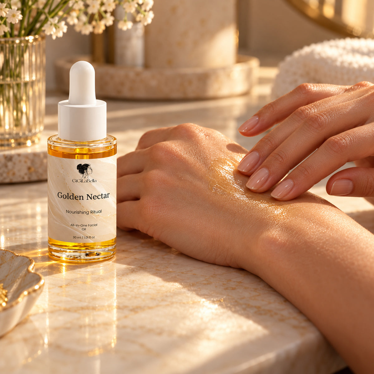 Golden Nectar facial oil smoothed across the back of a hand beside the bottle