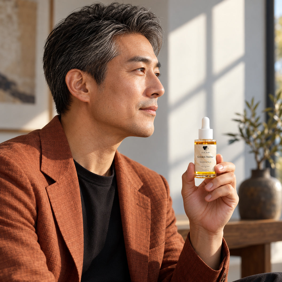 Model holding the Golden Nectar facial oil bottle by a sunlit window