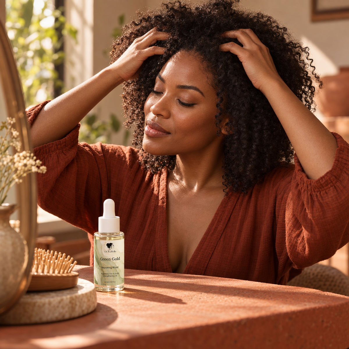 Model with natural curls massaging her scalp beside the Green Gold bottle