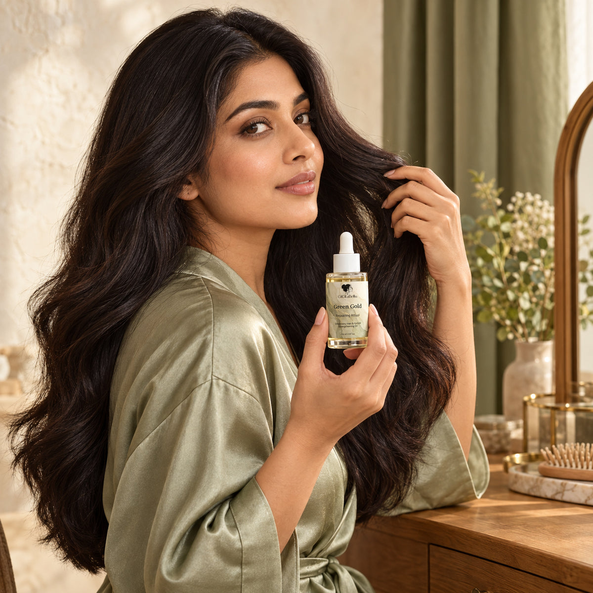 Model with long dark hair holding the Green Gold bottle while separating a section of hair