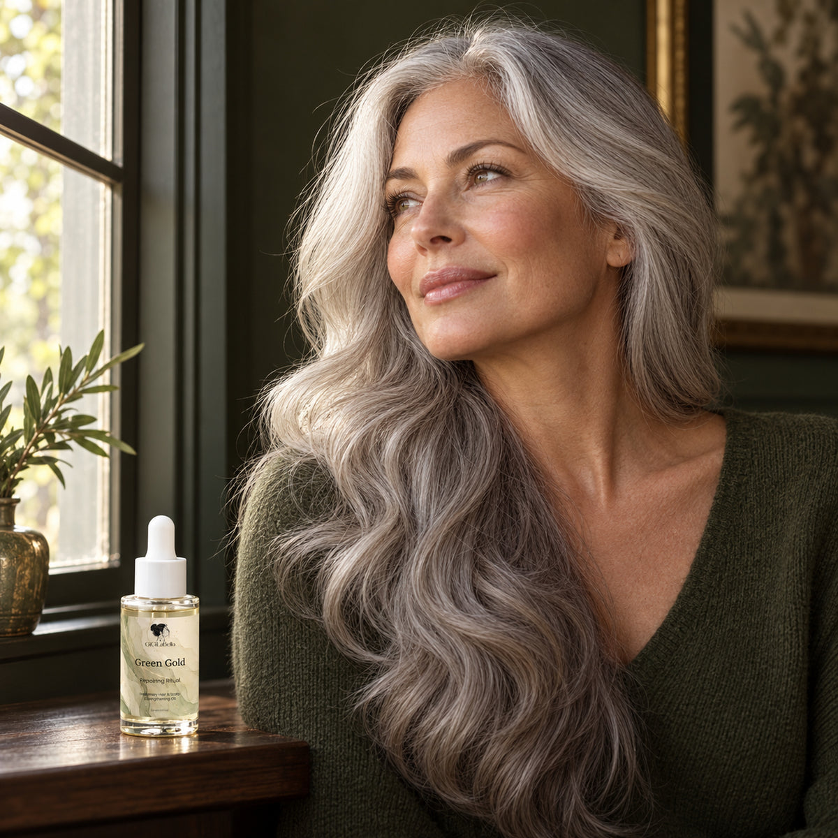 Silver-haired model beside the GiGiLaBella Green Gold rosemary hair and scalp oil bottle