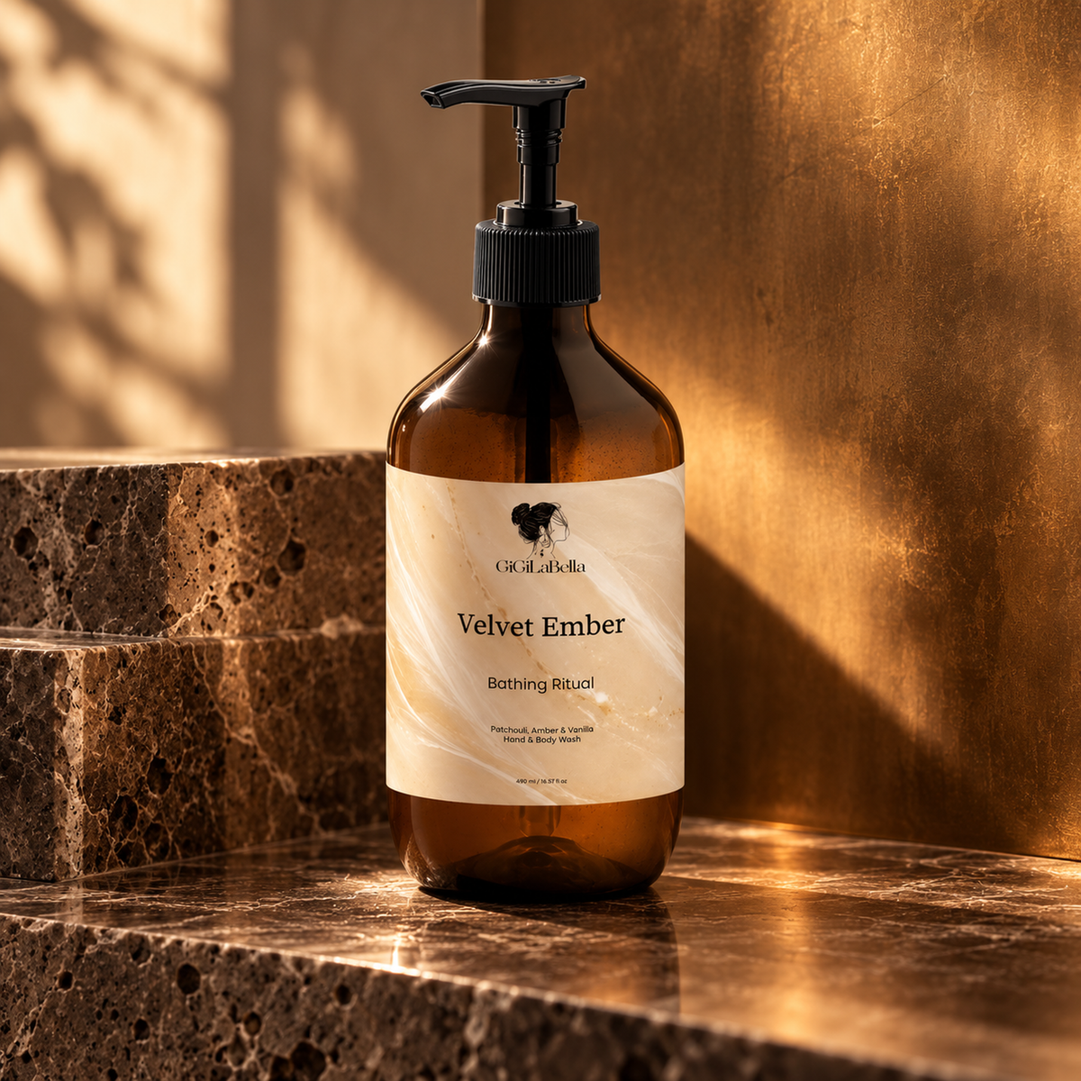 Velvet Ember hand and body wash in a warm travertine and bronze setting