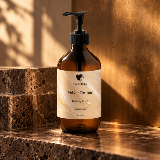 Velvet Ember hand and body wash in a warm travertine and bronze setting
