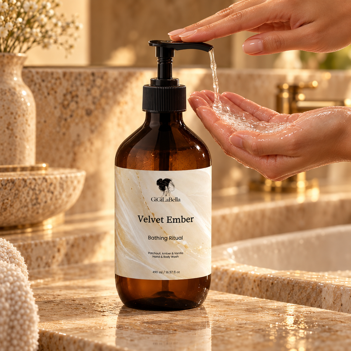 Velvet Ember pump dispensing hand and body wash into wet hands
