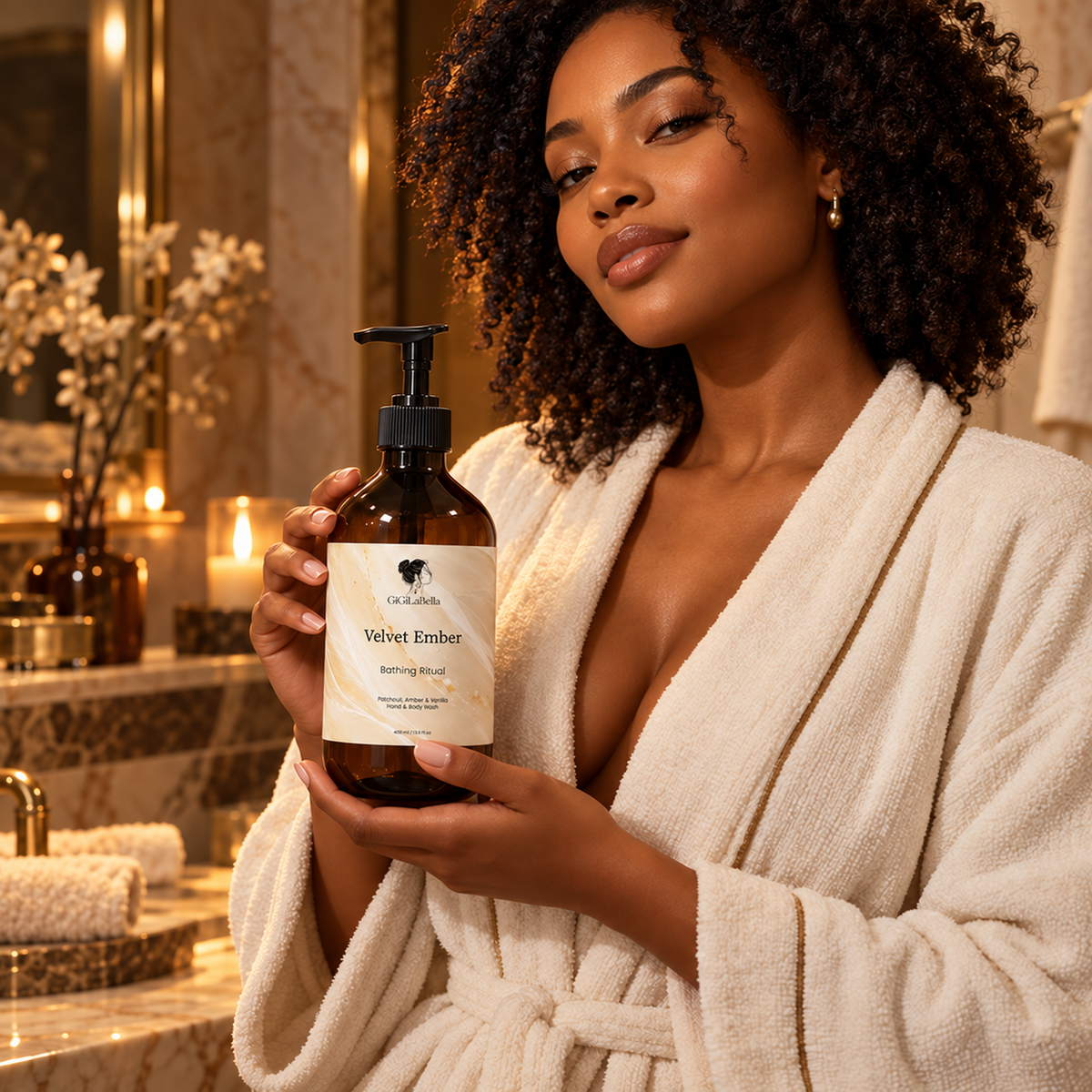 Woman holding Velvet Ember hand and body wash in a luxury bathroom