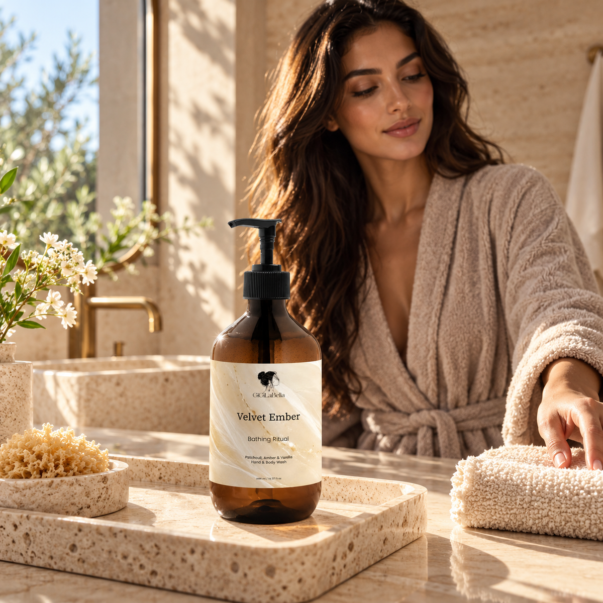 Velvet Ember hand and body wash on a sunlit vanity with a woman in a robe