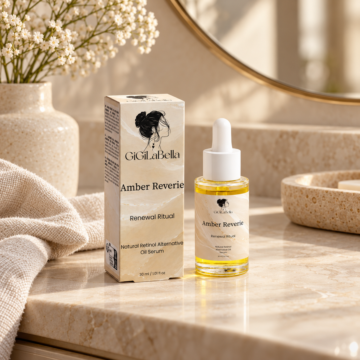 Amber Reverie oil serum bottle and carton on a sunlit marble vanity