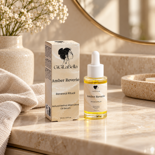 Amber Reverie oil serum bottle and carton on a sunlit marble vanity