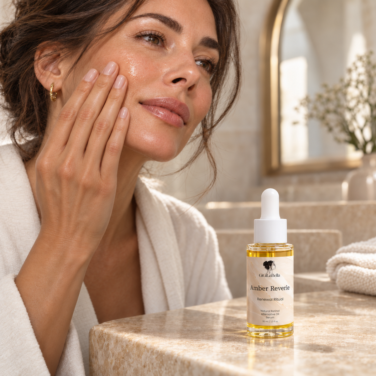 Woman pressing Amber Reverie oil serum into her cheek beside the bottle
