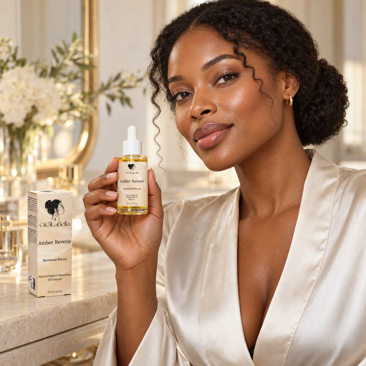 Woman holding Amber Reverie oil serum beside its carton in a warm bathroom