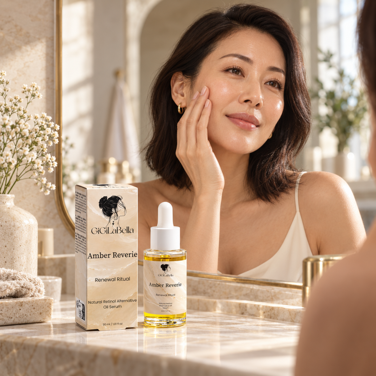 Woman applying Amber Reverie oil serum in a mirror with the bottle and carton on the vanity