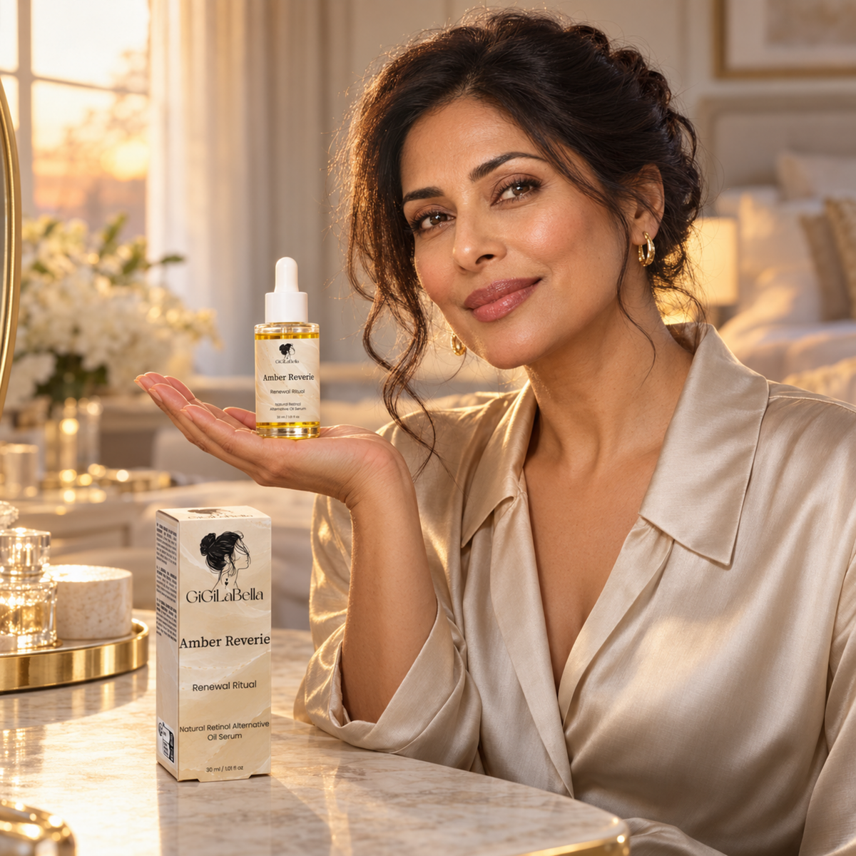 Woman presenting Amber Reverie oil serum on her palm beside its carton