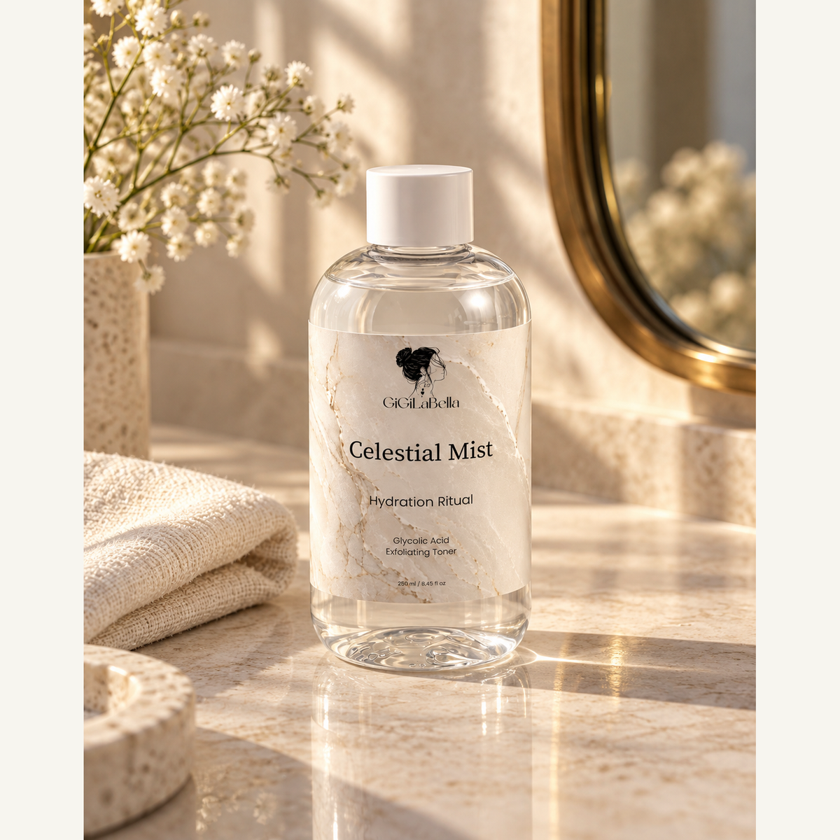 Celestial Mist 250 ml glycolic toner grounded on a sunlit limestone vanity with flowers and a brass mirror