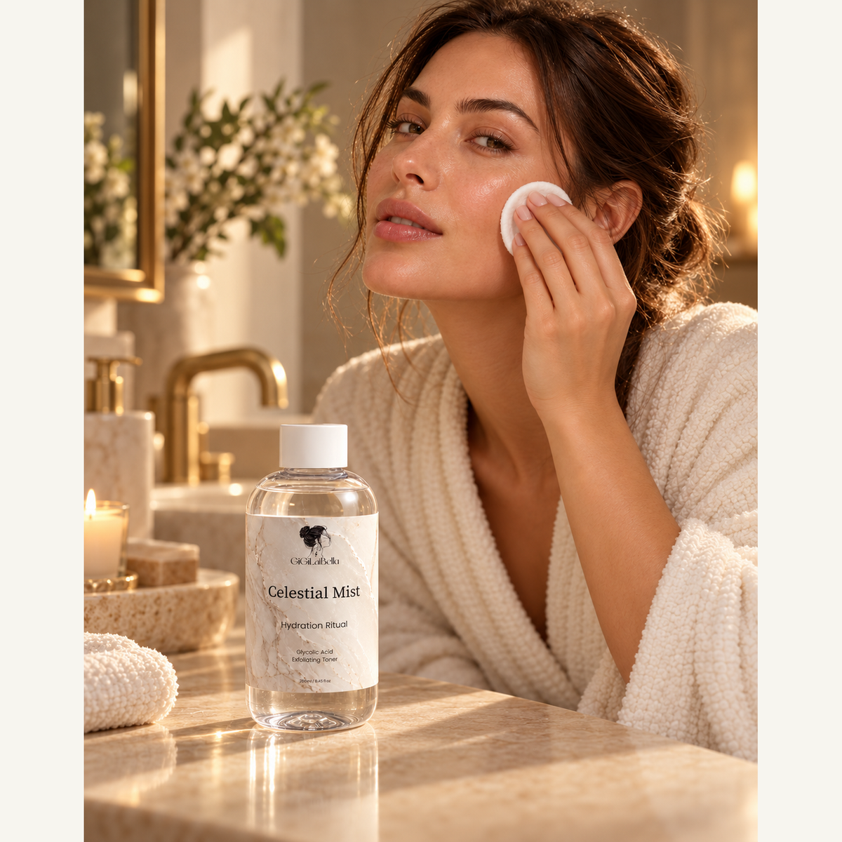 Woman applying Celestial Mist with a cotton pad beside the grounded toner bottle at an evening vanity
