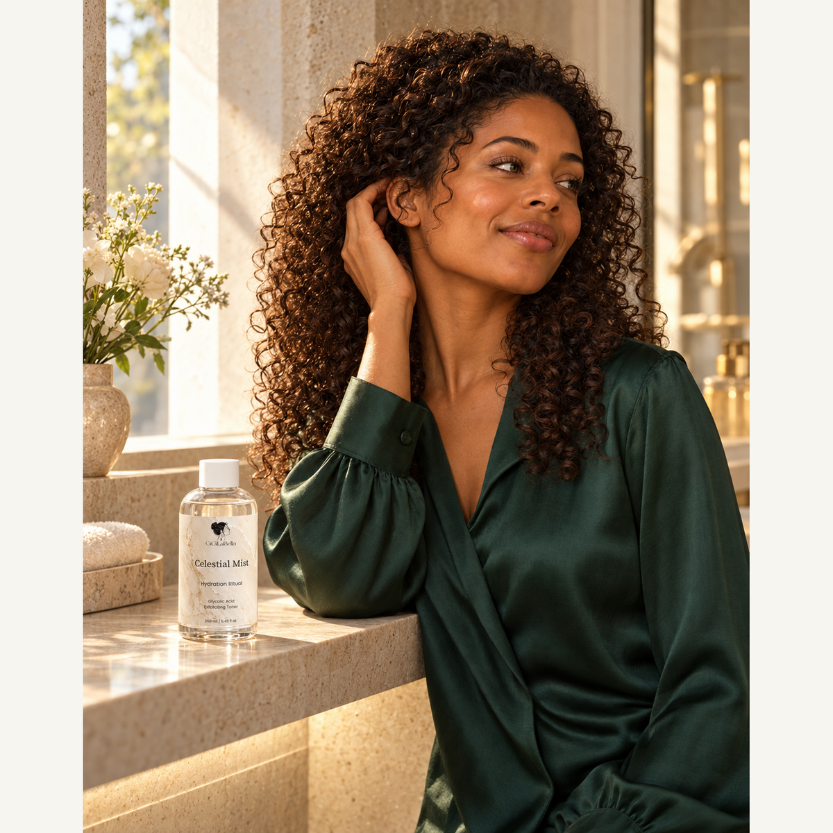 Curly-haired model in forest green beside Celestial Mist toner in a warm stone bathroom