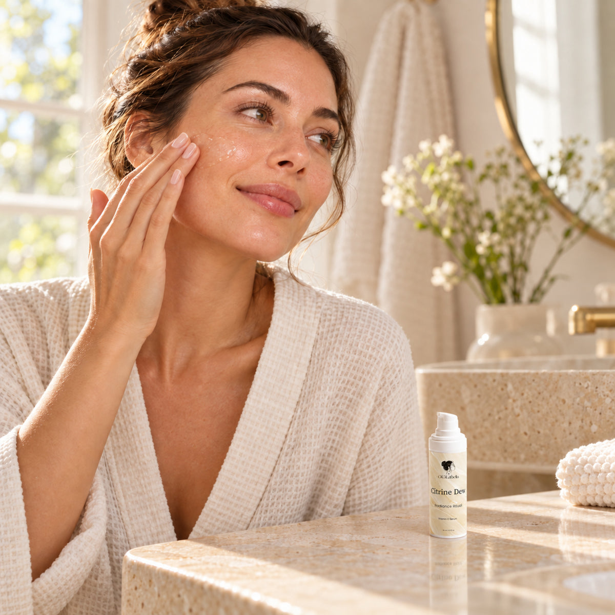Woman applying Citrine Dew Vitamin C serum beside an ivory stone vanity