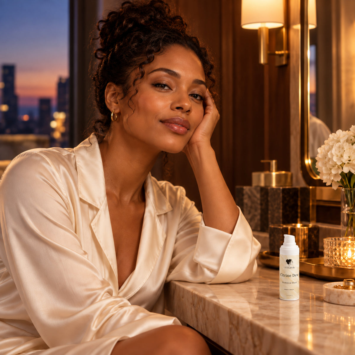Citrine Dew Vitamin C serum on an evening marble vanity beside a woman