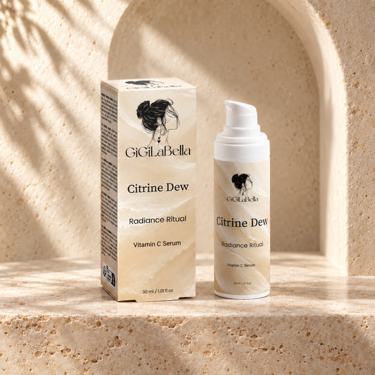 Citrine Dew 2% Vitamin C Radiance Serum with carton in a warm limestone alcove