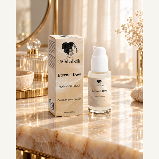 Eternal Dew 30 ml serum bottle and carton grounded on a warm onyx vanity