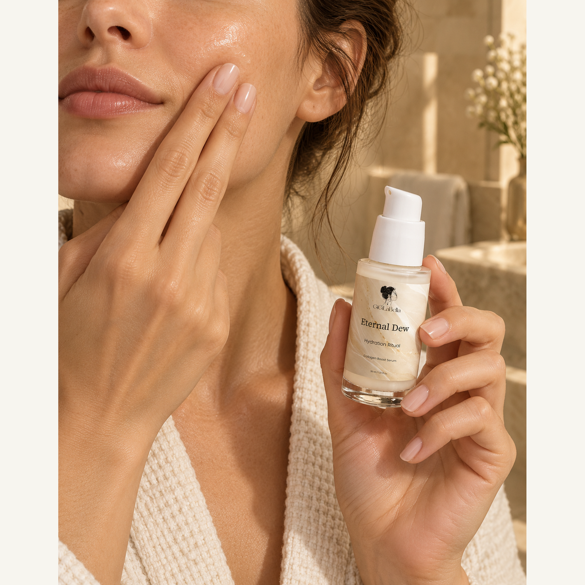 Woman patting Eternal Dew serum onto her cheek while holding the pump bottle