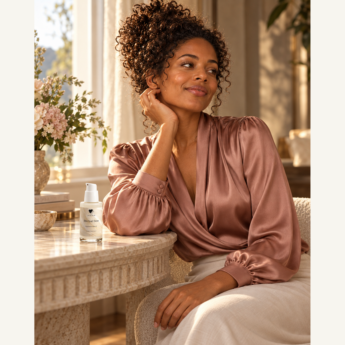 Curly-haired model in rose silk beside Eternal Dew serum on a stone table
