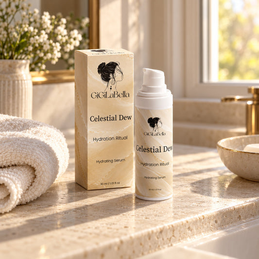 Celestial Dew Hydrating Serum bottle and carton on limestone vanity