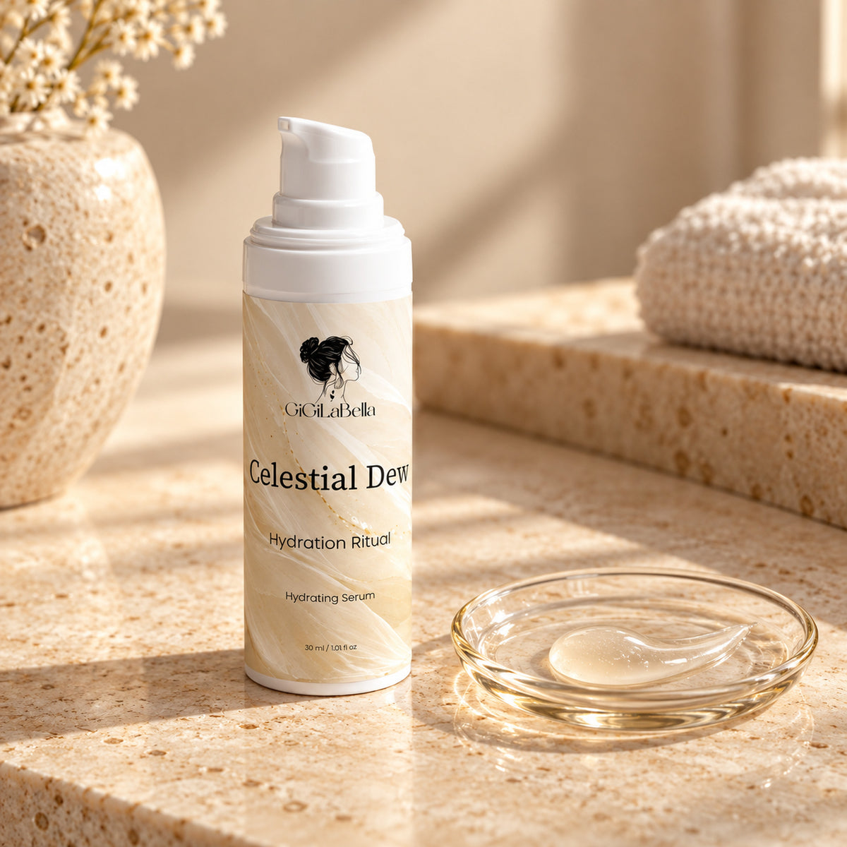 Celestial Dew airless pump bottle and serum detail on a limestone vanity