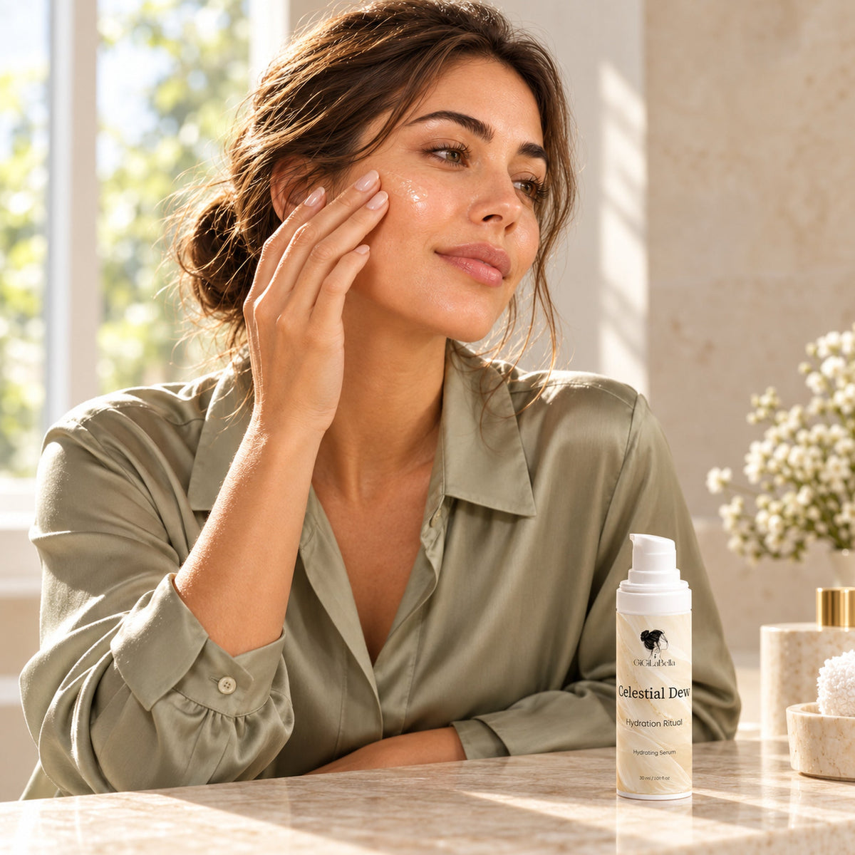 Woman applying Celestial Dew to cheek by a sunlit window