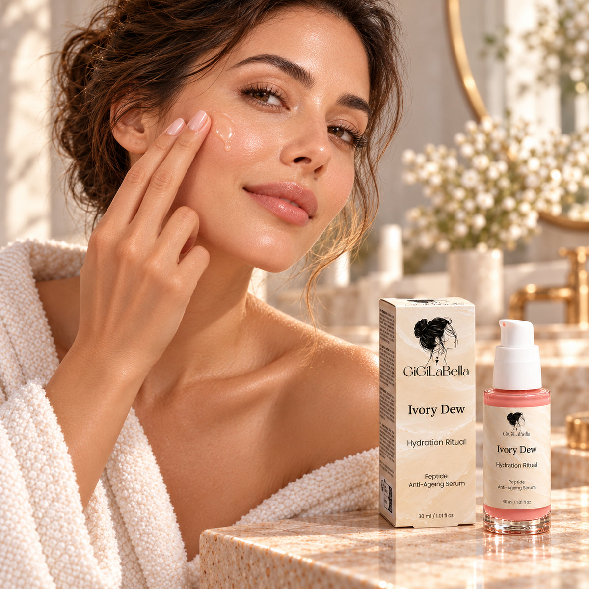 Woman applying GiGiLaBella Ivory Dew peptide serum to her cheek beside the product