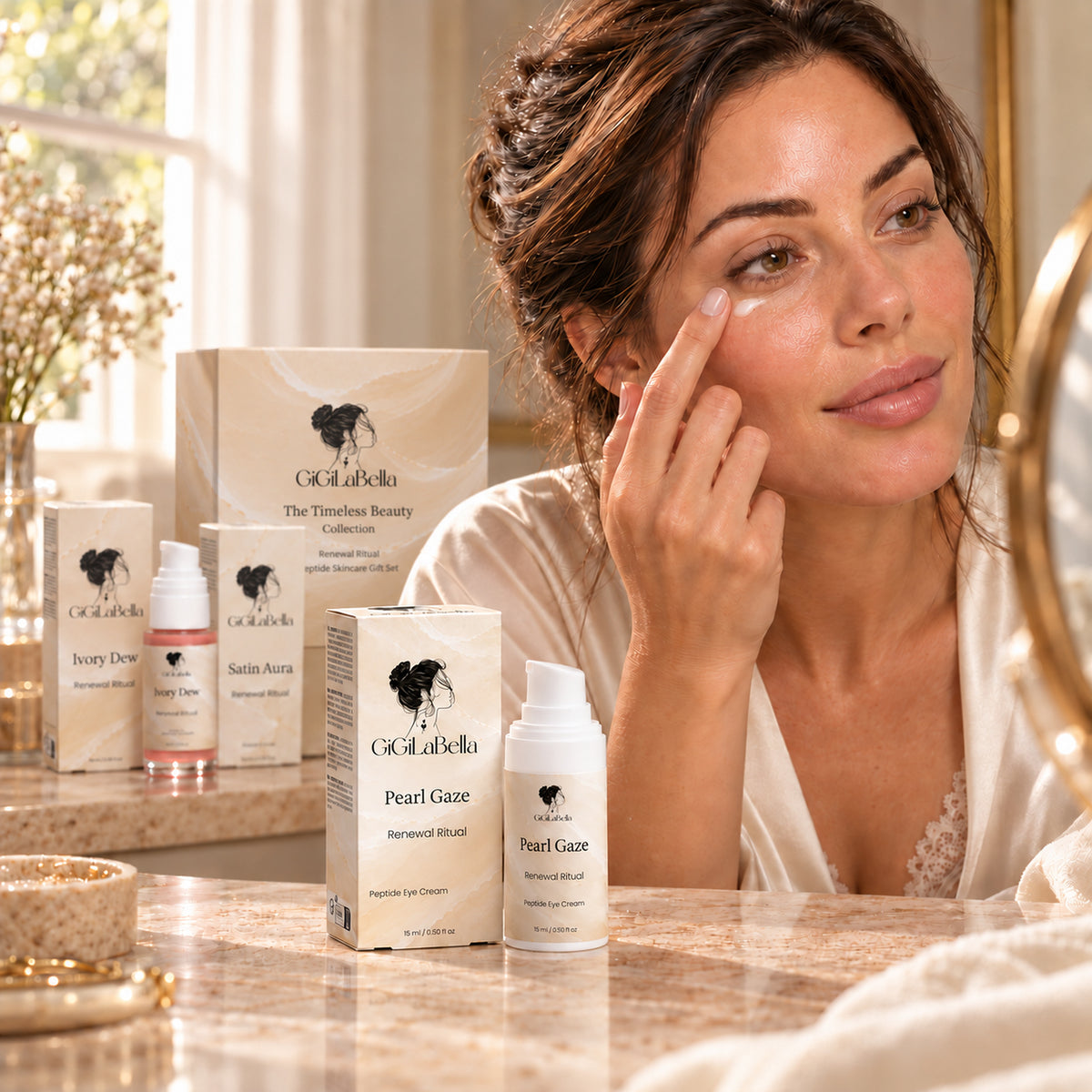 Woman applying GiGiLaBella Pearl Gaze peptide eye cream beside the Timeless Beauty Collection