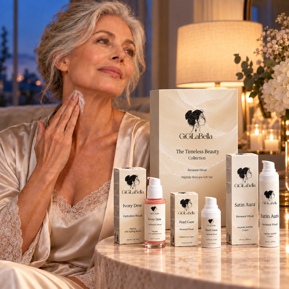 Mature woman applying GiGiLaBella Satin Aura cream beside the Timeless Beauty Collection