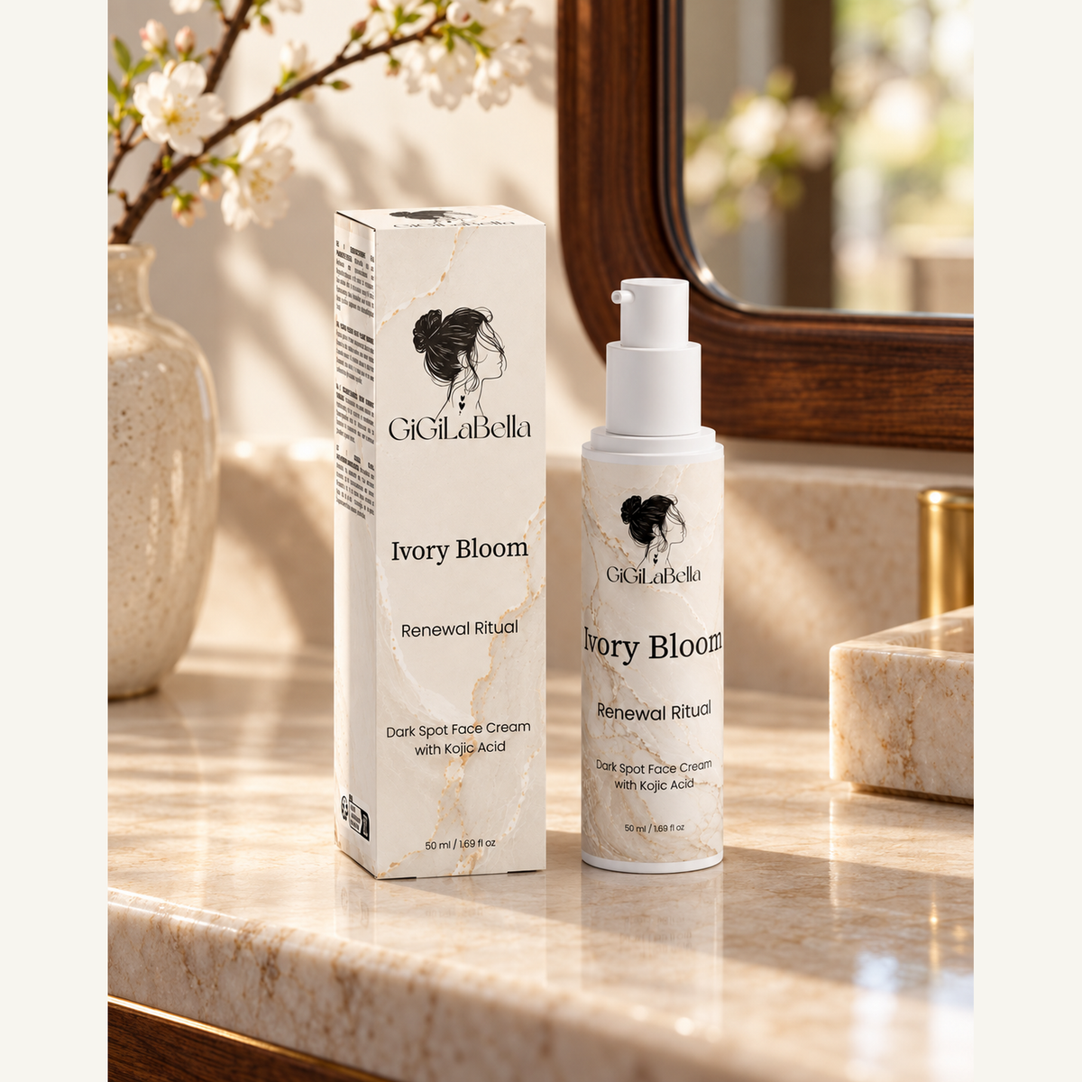 Ivory Bloom 50 ml face cream bottle and carton grounded on an ivory stone vanity with white blossom