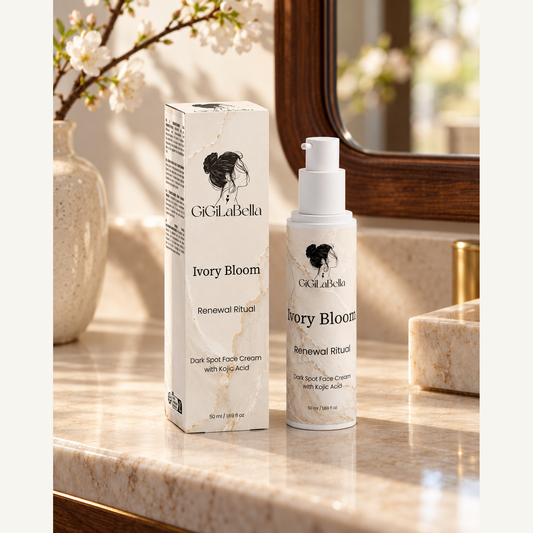 Ivory Bloom 50 ml face cream bottle and carton grounded on an ivory stone vanity with white blossom