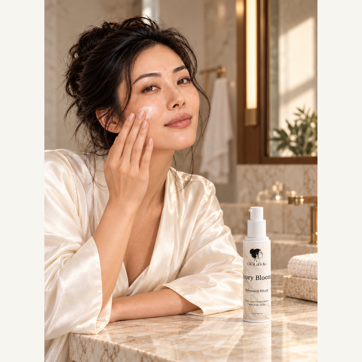 Woman applying Ivory Bloom face cream beside the grounded airless pump bottle at a warm vanity