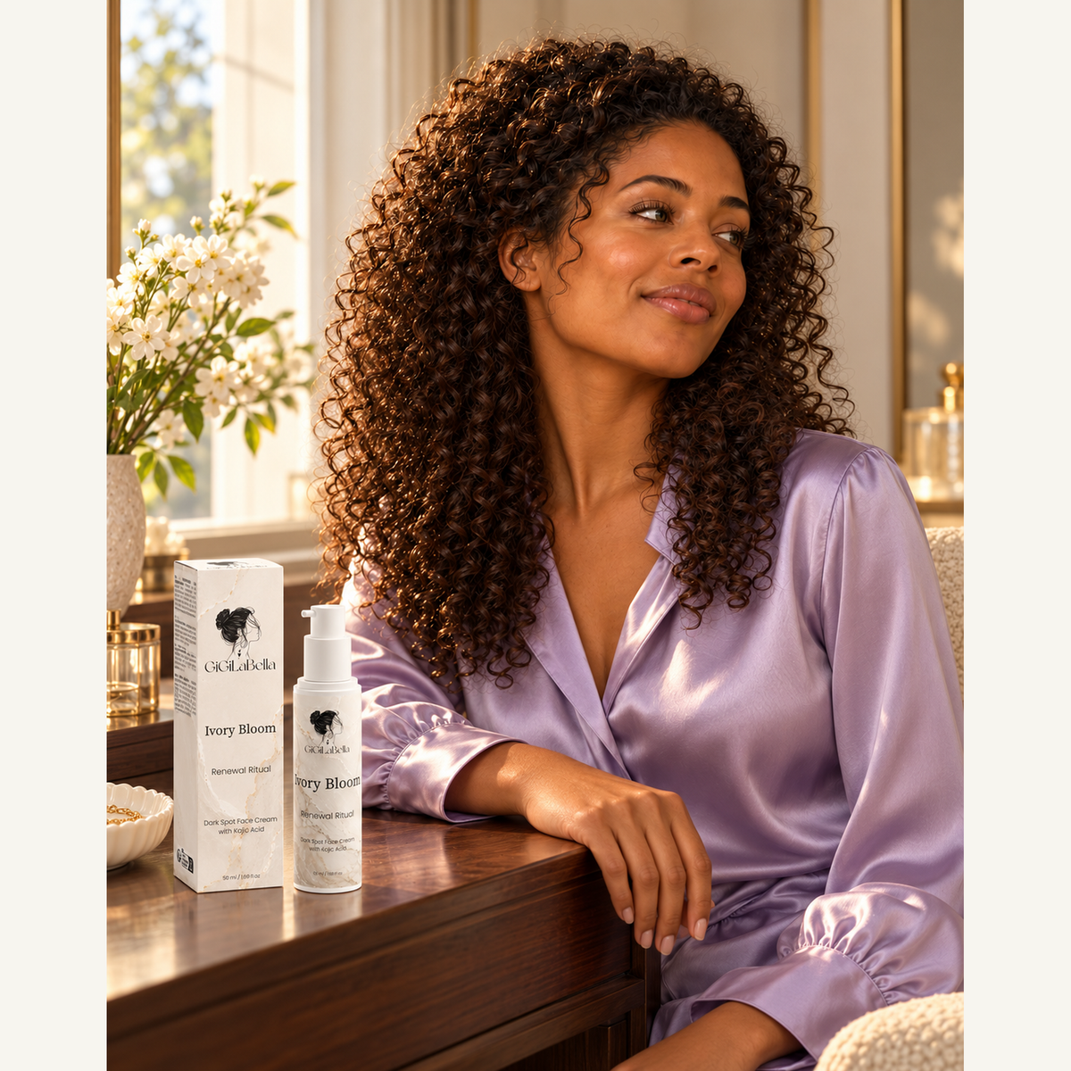 Curly-haired model in lavender silk beside Ivory Bloom bottle and carton on a walnut vanity