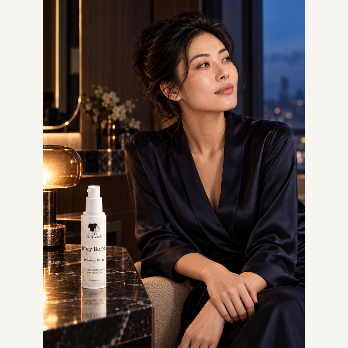Dark-haired model in midnight blue beside Ivory Bloom bottle on an onyx evening vanity