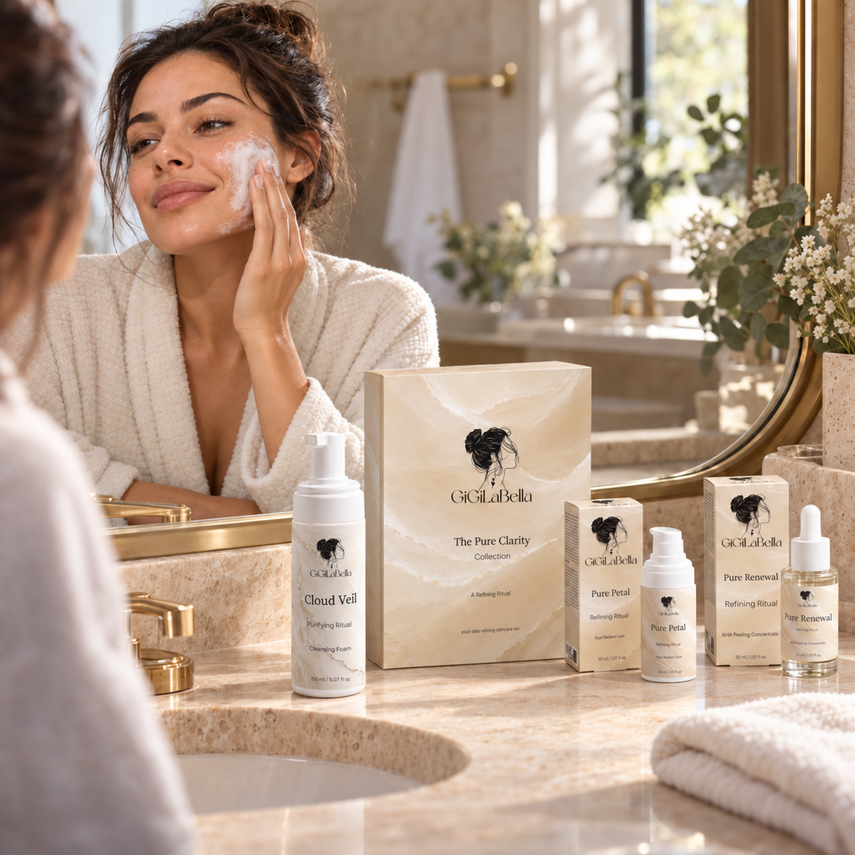 Woman using Cloud Veil cleansing foam with The Pure Clarity Collection