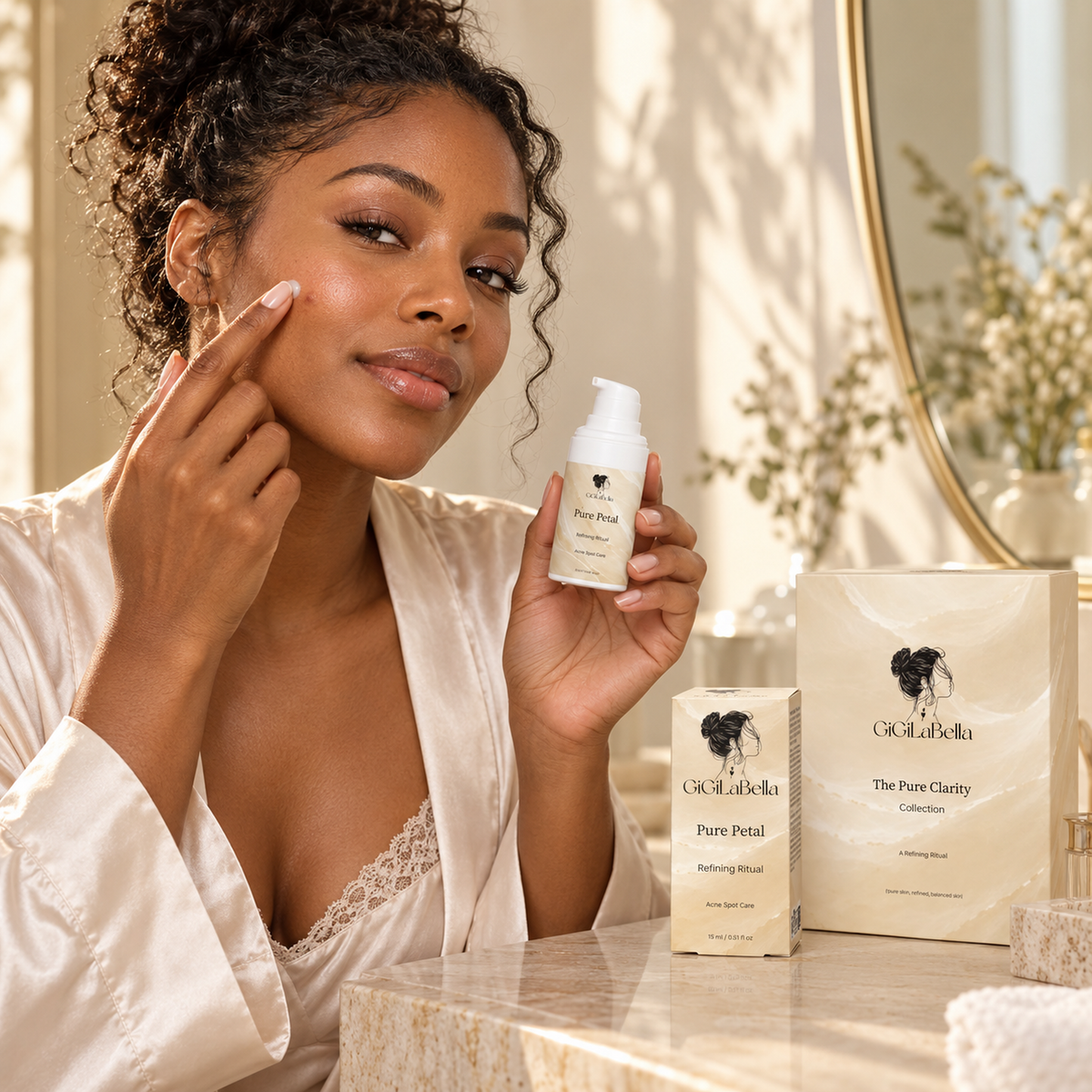 Woman applying Pure Petal acne spot care to her own cheek