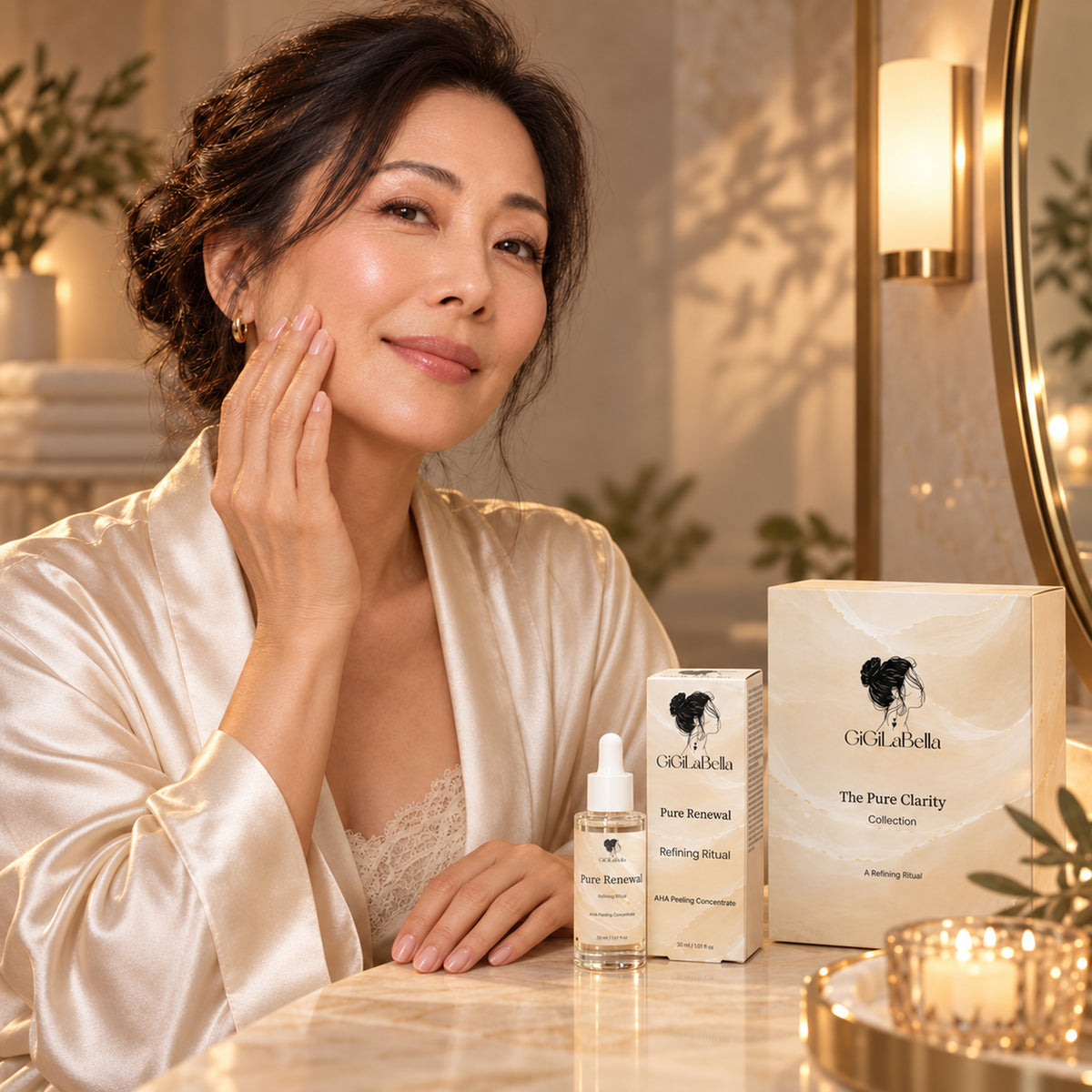 Mature woman beside Pure Renewal AHA peeling concentrate in an evening ritual