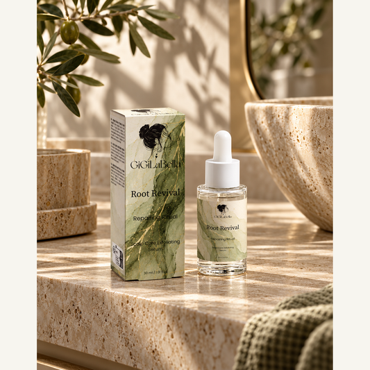 Root Revival scalp serum bottle and carton resting on warm travertine in a luxury bathroom