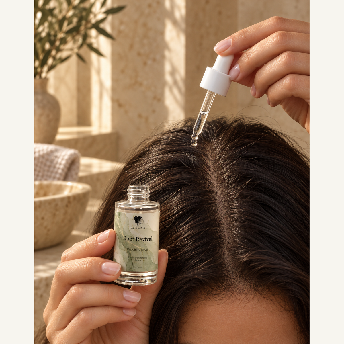Root Revival dropper applying serum along a dry scalp parting, open bottle held in hand