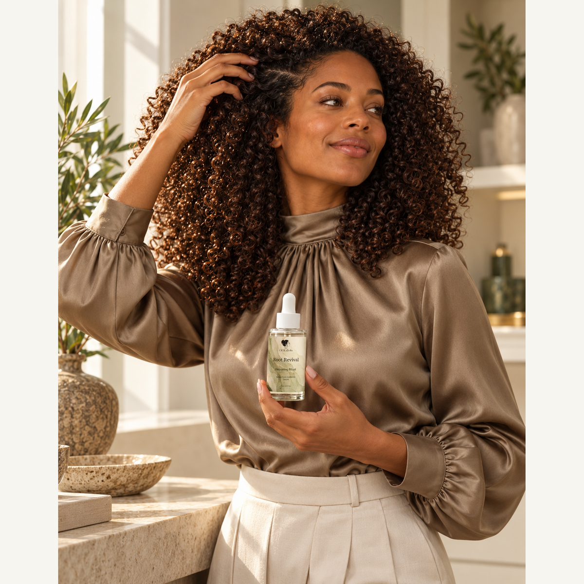 Curly-haired model lifting her hair at the parting and holding Root Revival serum
