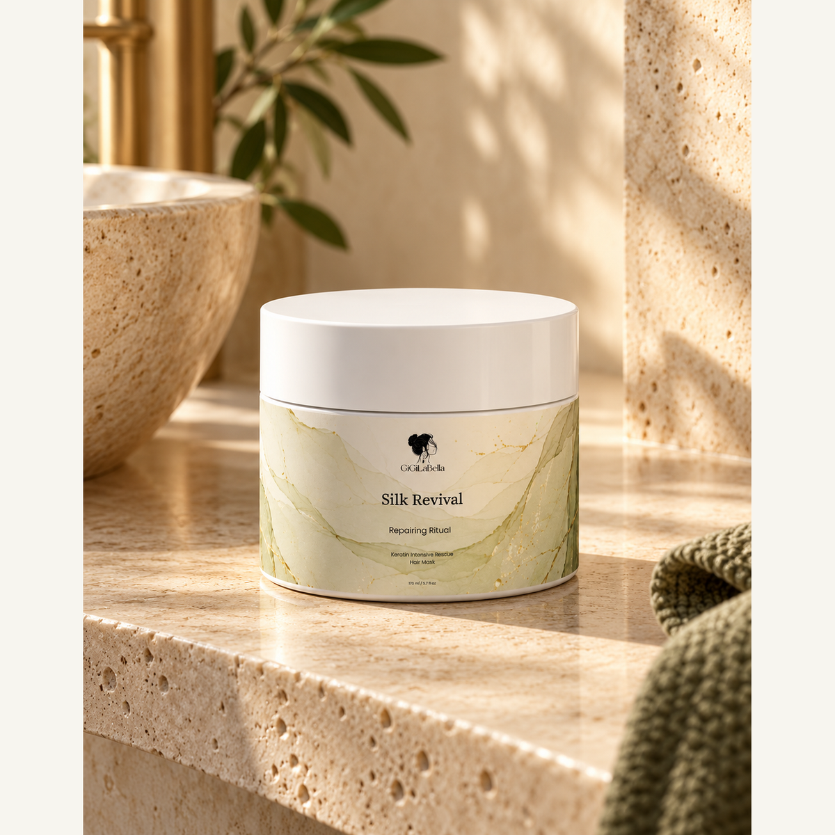 Silk Revival 170 ml hair mask jar grounded on warm limestone vanity