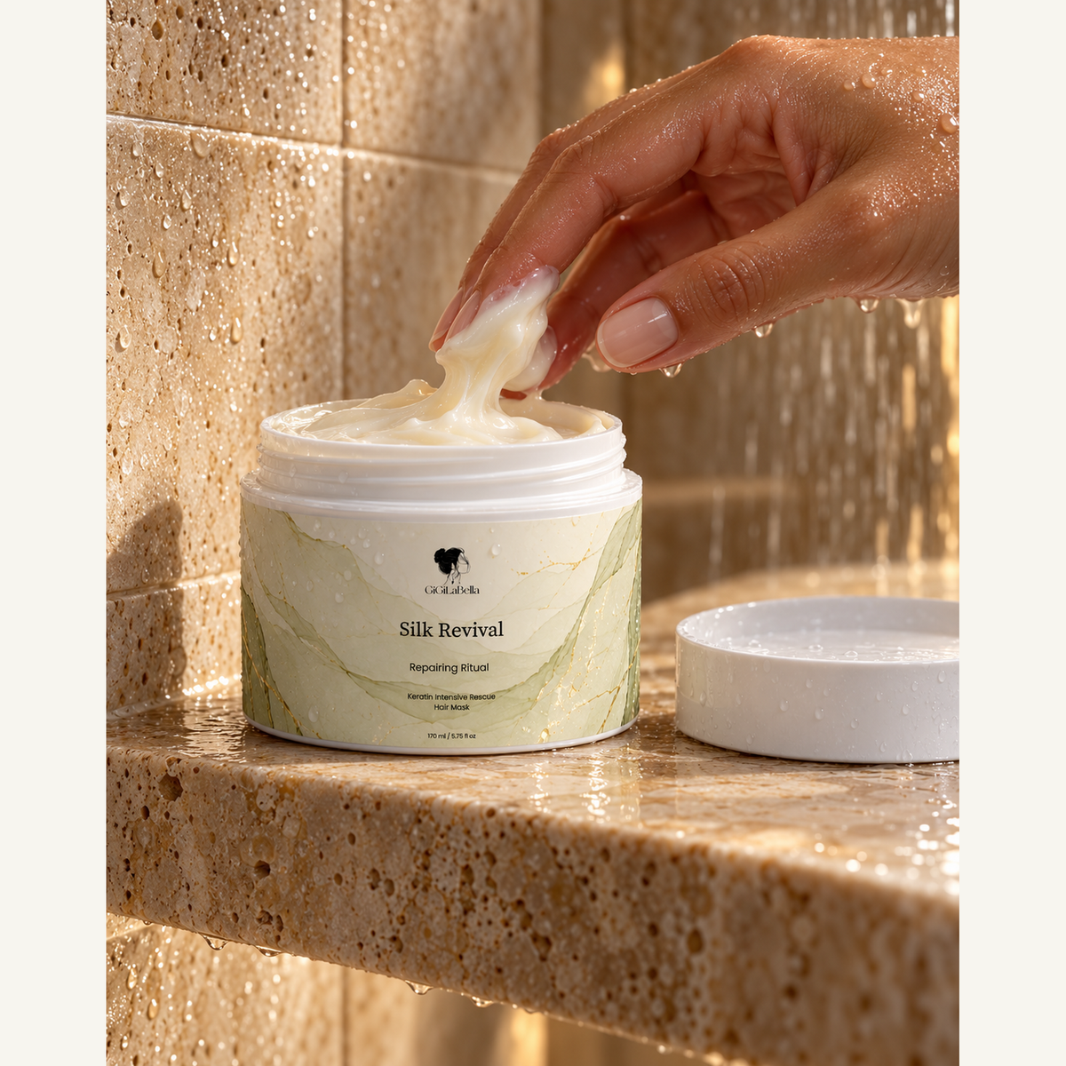 Open Silk Revival hair mask jar in a travertine shower with cream lifted by fingertips