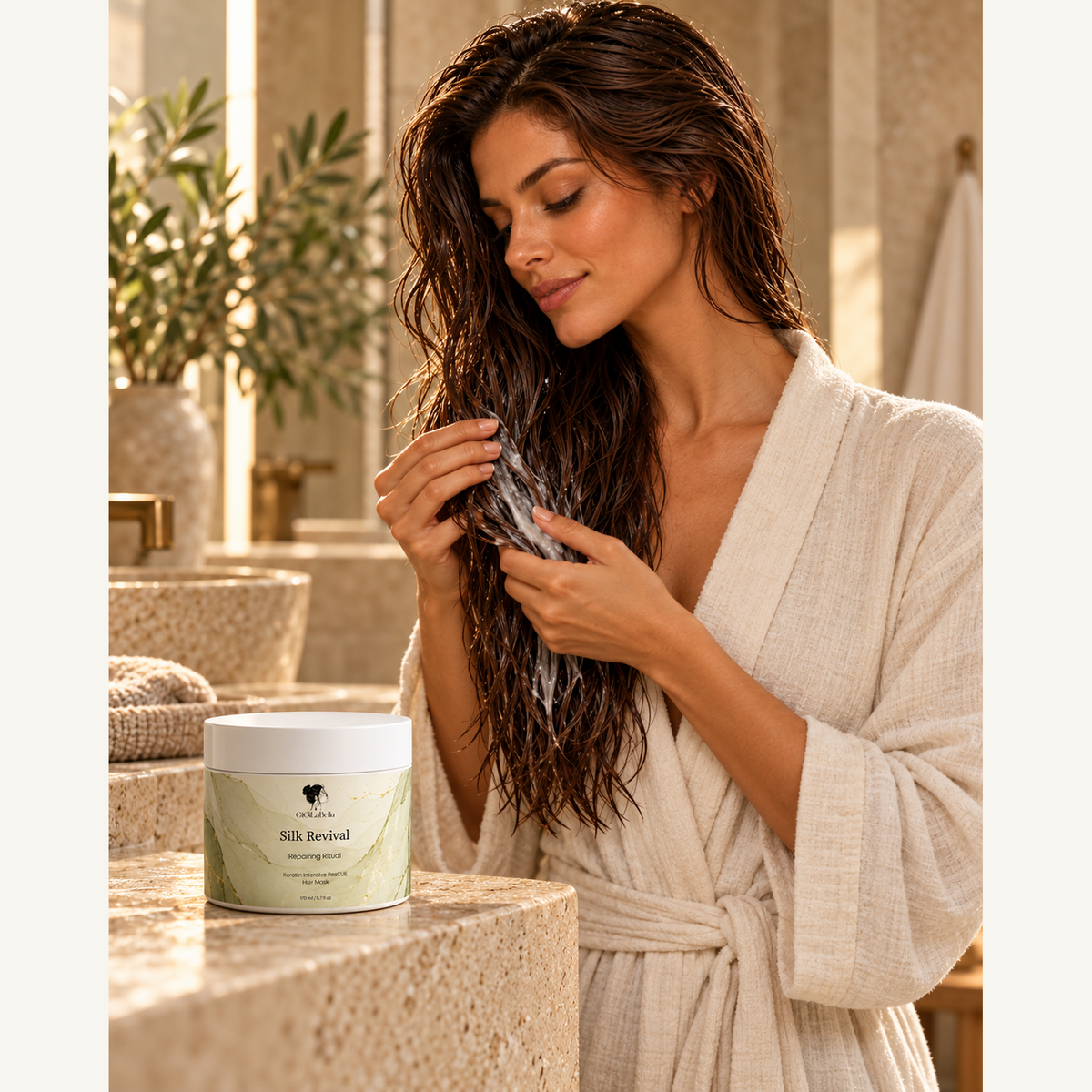 Brunette model working Silk Revival hair mask through damp lengths beside labelled jar