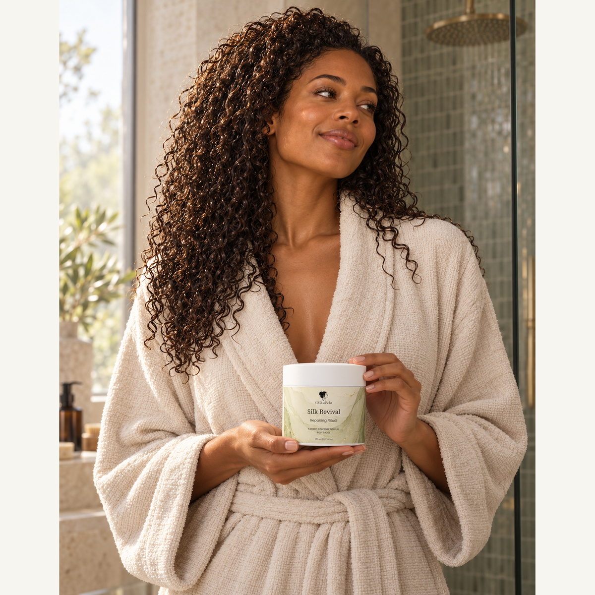 Curly-haired model holding the closed Silk Revival jar in a refined bathroom
